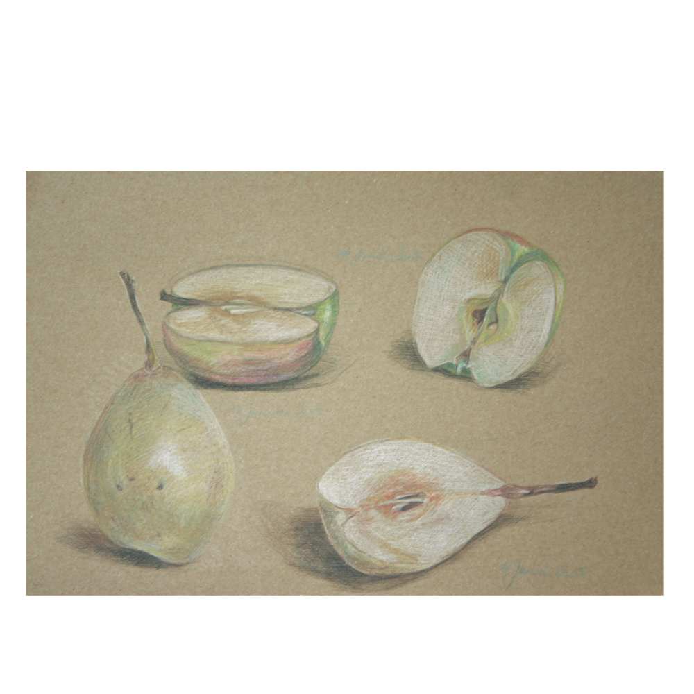 Apfel, Birne, Zeichnung, Farbstift, 420x297mm